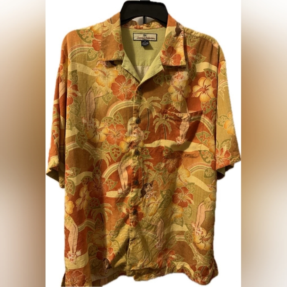 Tommy Bahama 100% Silk Orange And Yellow Hawaiian Button-Up Shirt Size M